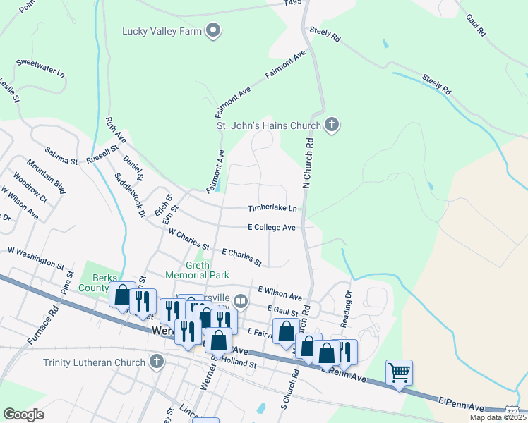 map of restaurants, bars, coffee shops, grocery stores, and more near 100 Timberlake Lane in Wernersville