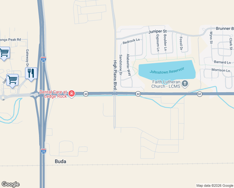 map of restaurants, bars, coffee shops, grocery stores, and more near 4596 Colorado 60 in Johnstown