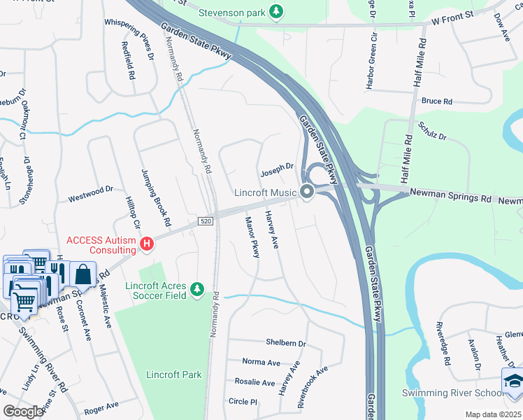 map of restaurants, bars, coffee shops, grocery stores, and more near 21 Manor Parkway in Lincroft