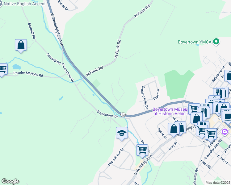 map of restaurants, bars, coffee shops, grocery stores, and more near 713 Arbor Lane in Boyertown