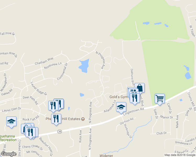 map of restaurants, bars, coffee shops, grocery stores, and more near 203 Timber View Drive in Harrisburg