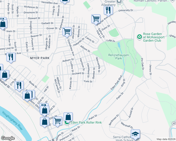 map of restaurants, bars, coffee shops, grocery stores, and more near 2603 Cleveland Street in McKeesport