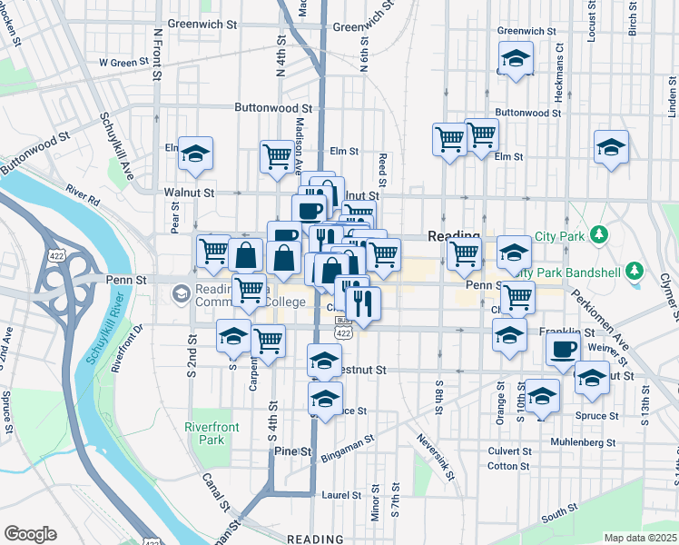 map of restaurants, bars, coffee shops, grocery stores, and more near in Reading