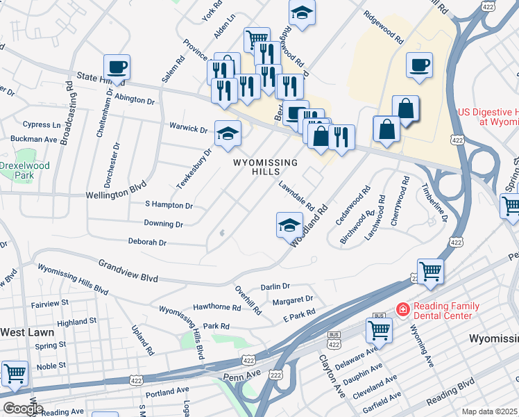 map of restaurants, bars, coffee shops, grocery stores, and more near 110 Woodland Road in Wyomissing