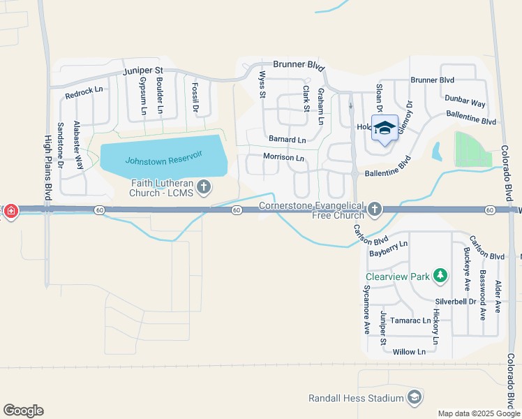 map of restaurants, bars, coffee shops, grocery stores, and more near 5255 Highway 60 in Johnstown