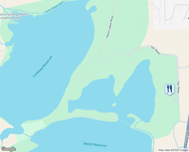 map of restaurants, bars, coffee shops, grocery stores, and more near 2783 Heron Lakes Parkway in Berthoud