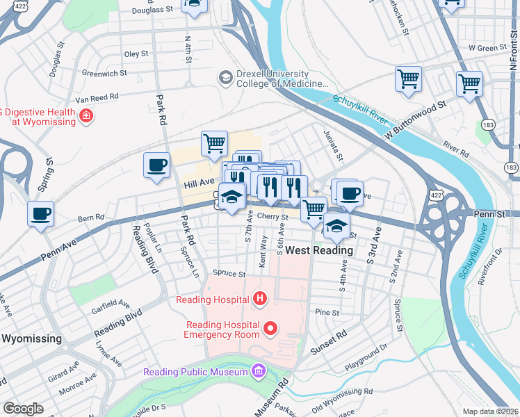 map of restaurants, bars, coffee shops, grocery stores, and more near 633 Franklin Street in West Reading