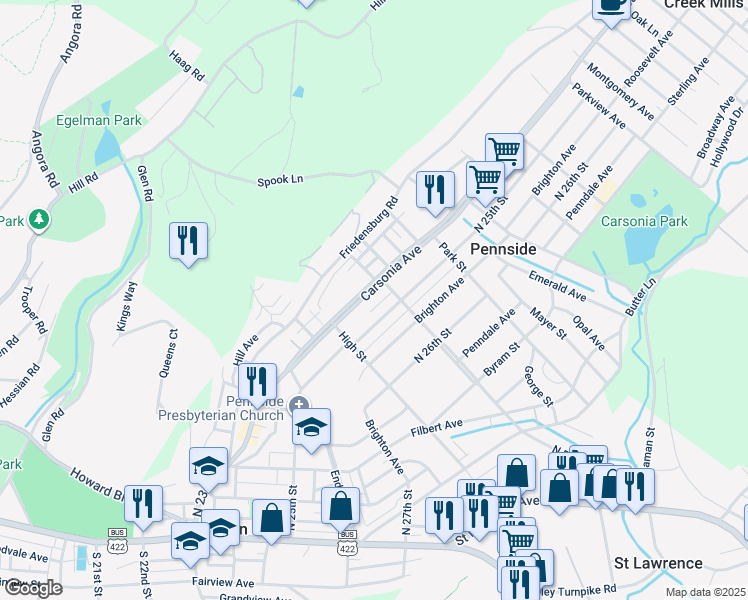 map of restaurants, bars, coffee shops, grocery stores, and more near 521 North 25th Street in Reading