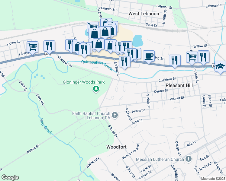 map of restaurants, bars, coffee shops, grocery stores, and more near 137 Millview Court in Lebanon