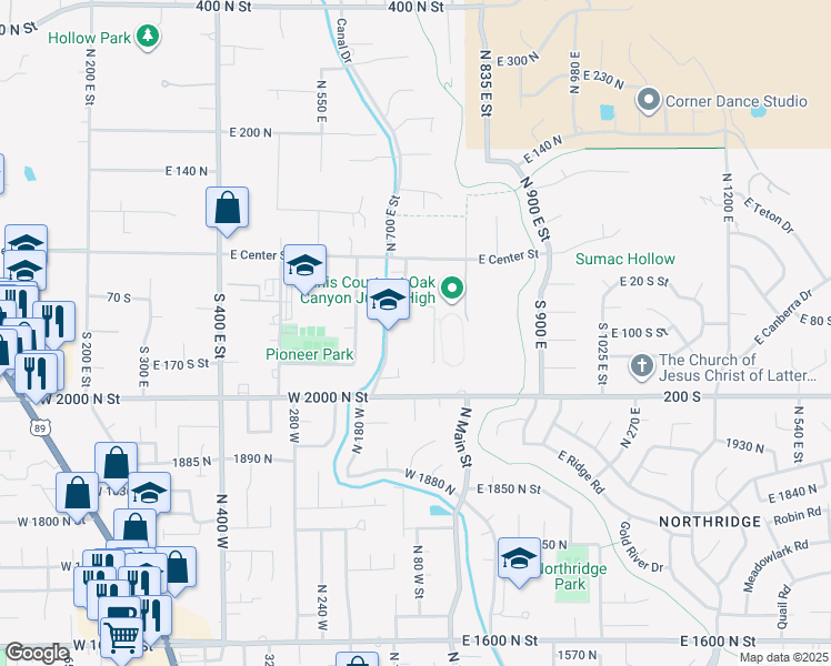 map of restaurants, bars, coffee shops, grocery stores, and more near 111 South 725 East in Lindon