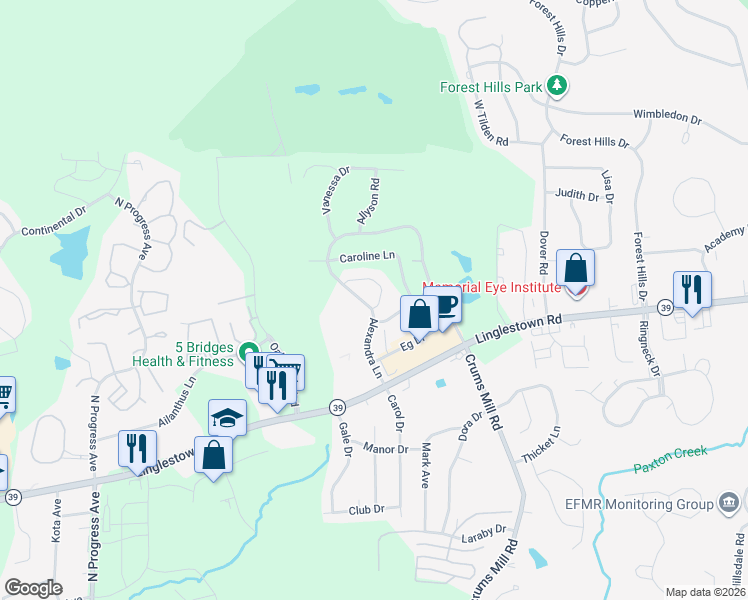 map of restaurants, bars, coffee shops, grocery stores, and more near 1140 Alexandra Lane in Harrisburg