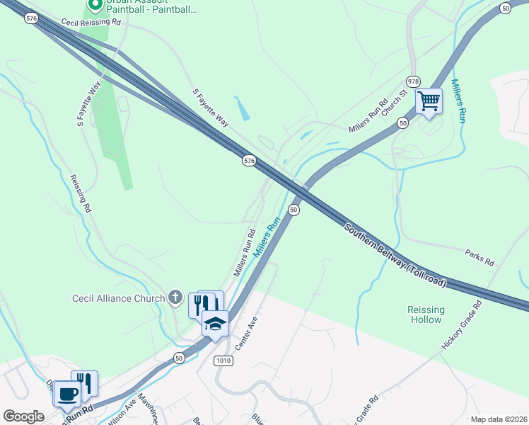 map of restaurants, bars, coffee shops, grocery stores, and more near 802 Millers Run Road in Allegheny County