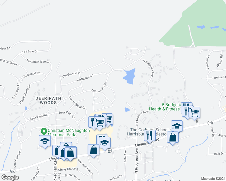 map of restaurants, bars, coffee shops, grocery stores, and more near 2410 Newtown Drive in Harrisburg