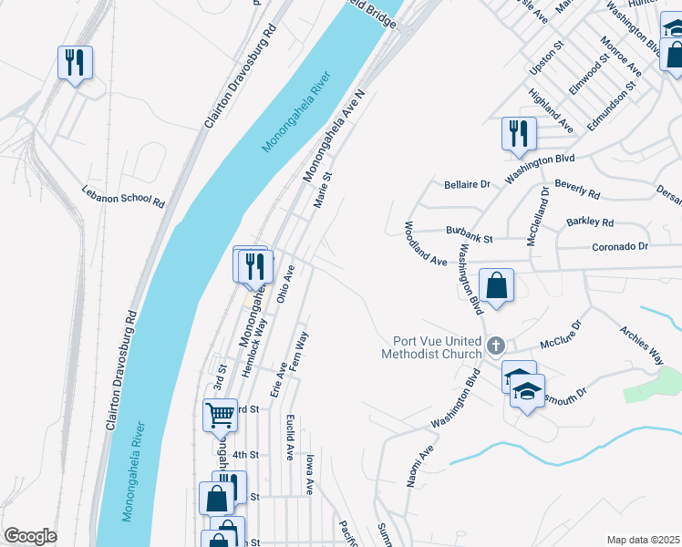 map of restaurants, bars, coffee shops, grocery stores, and more near 417 Harrison Street in Glassport