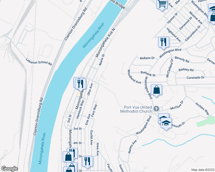 map of restaurants, bars, coffee shops, grocery stores, and more near 417 Harrison Street in Glassport