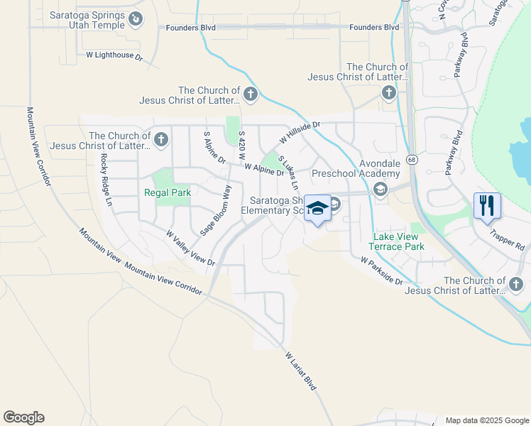 map of restaurants, bars, coffee shops, grocery stores, and more near Hillside Drive in Saratoga Springs