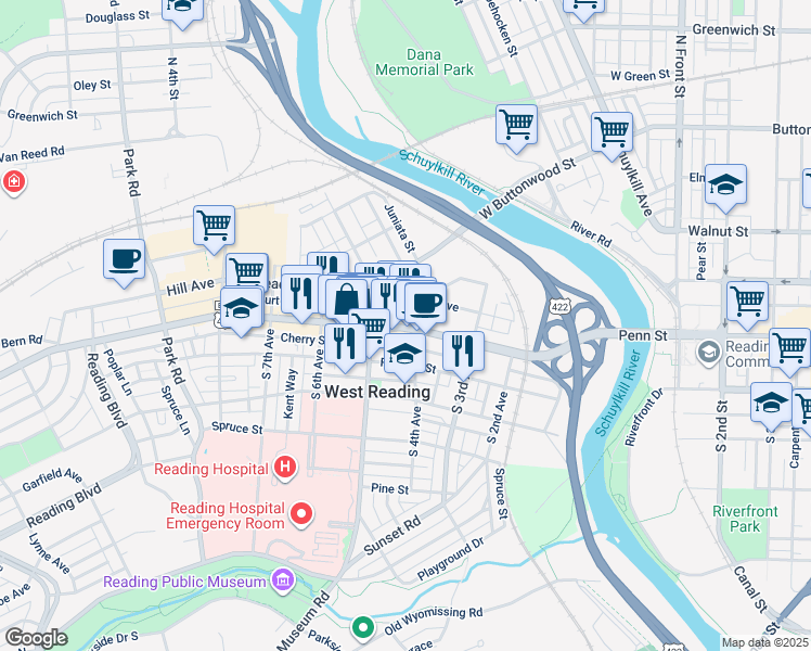 map of restaurants, bars, coffee shops, grocery stores, and more near 417 Cherry Street in Reading