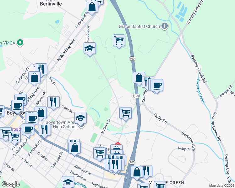 map of restaurants, bars, coffee shops, grocery stores, and more near 611 Montgomery Avenue in Boyertown