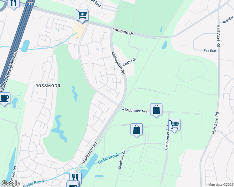map of restaurants, bars, coffee shops, grocery stores, and more near 172C Rossmoor Drive in Monroe Township