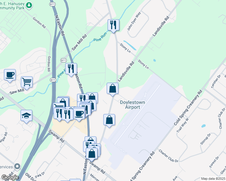 map of restaurants, bars, coffee shops, grocery stores, and more near 3864 Old Easton Road in Doylestown