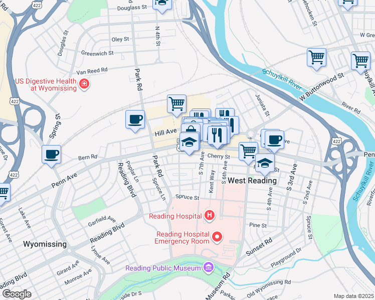 map of restaurants, bars, coffee shops, grocery stores, and more near 102 South 7th Avenue in West Reading