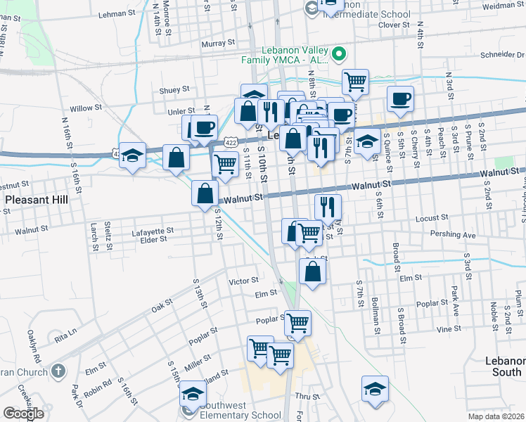 map of restaurants, bars, coffee shops, grocery stores, and more near 254 South 11th Street in Lebanon