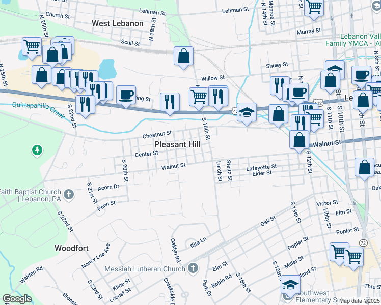 map of restaurants, bars, coffee shops, grocery stores, and more near 230 South 17th Street in Lebanon