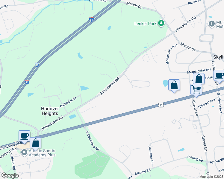 map of restaurants, bars, coffee shops, grocery stores, and more near 7343 Jonestown Road in Harrisburg