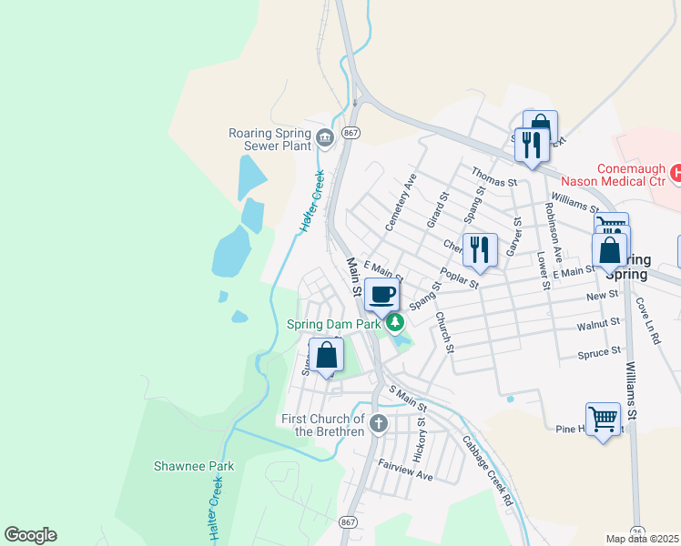 map of restaurants, bars, coffee shops, grocery stores, and more near 326-28 Locust Street in Roaring Spring