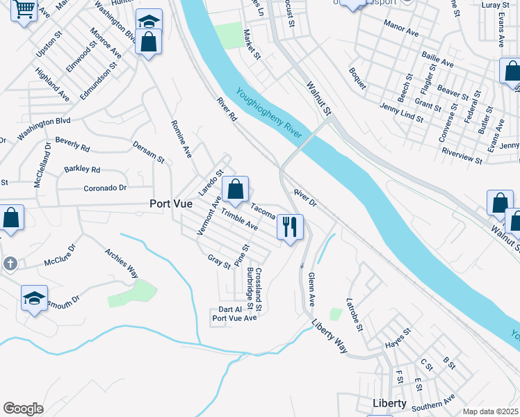 map of restaurants, bars, coffee shops, grocery stores, and more near 1823 Trimble Avenue in McKeesport