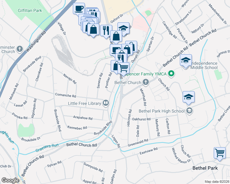 map of restaurants, bars, coffee shops, grocery stores, and more near 3032 Bethel Church Road in Bethel Park