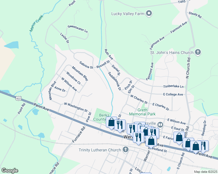 map of restaurants, bars, coffee shops, grocery stores, and more near 301 Pine Street in Wernersville