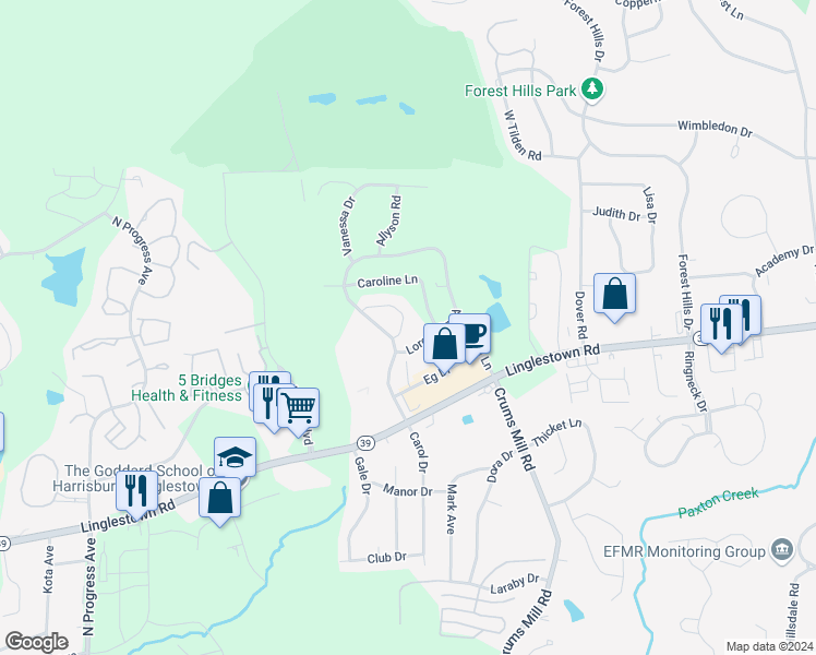 map of restaurants, bars, coffee shops, grocery stores, and more near 1056 Tibor Lane in Dauphin County