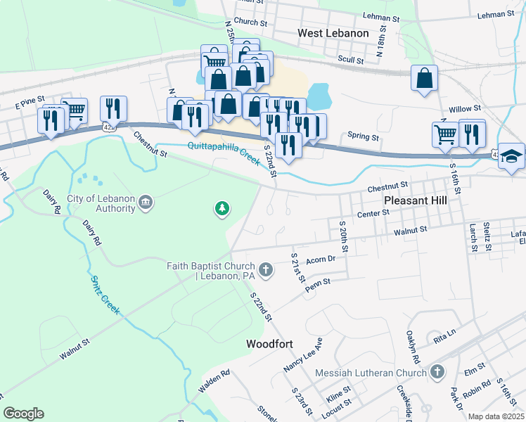 map of restaurants, bars, coffee shops, grocery stores, and more near 135 Millview Court in Lebanon