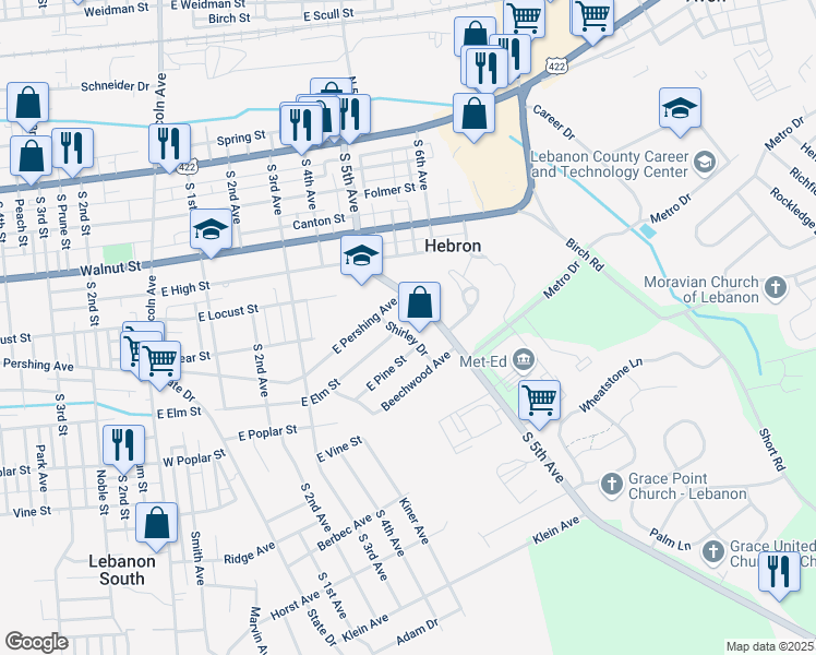 map of restaurants, bars, coffee shops, grocery stores, and more near 612 Shirley Drive in Lebanon