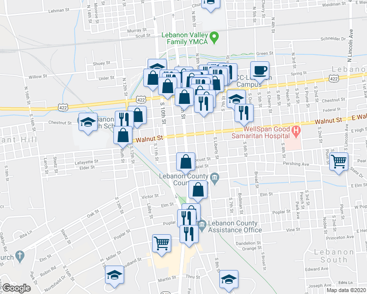 map of restaurants, bars, coffee shops, grocery stores, and more near 227 South 9th Street in Lebanon