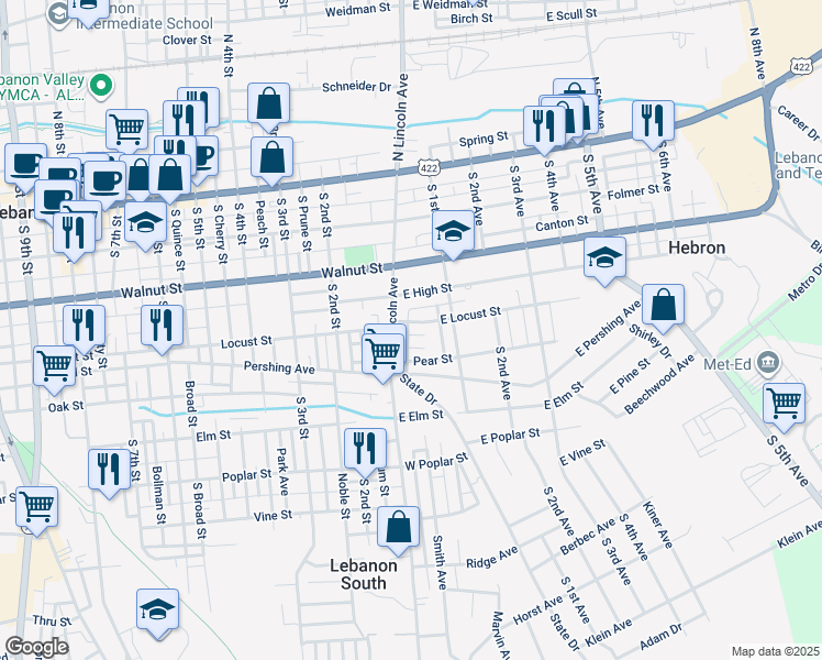 map of restaurants, bars, coffee shops, grocery stores, and more near 406 South Lincoln Avenue in Lebanon