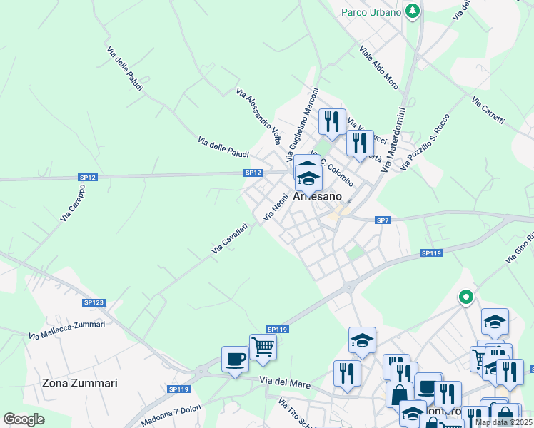 map of restaurants, bars, coffee shops, grocery stores, and more near 65 Via Petrelli in Arnesano