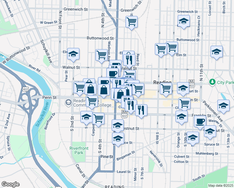 map of restaurants, bars, coffee shops, grocery stores, and more near 501 Washington Street in Reading