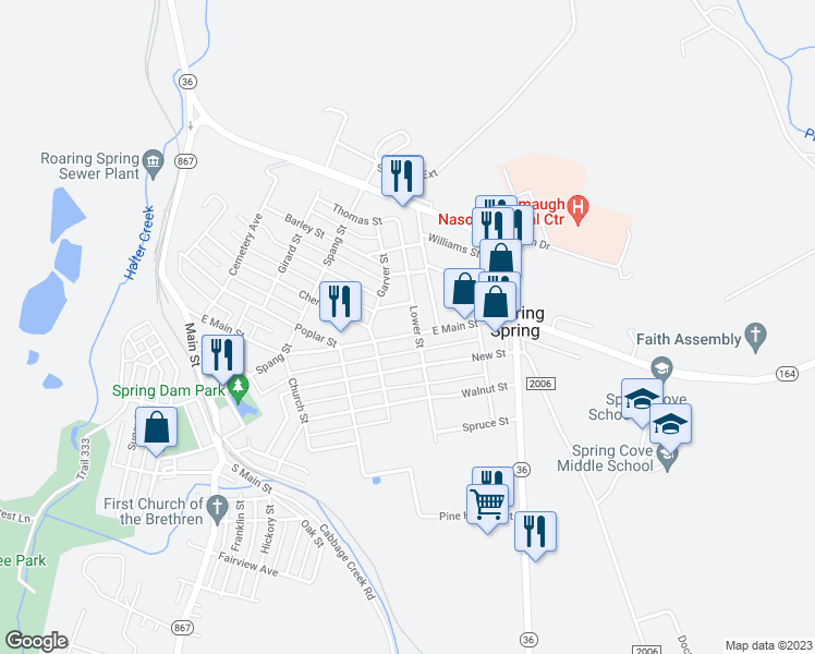 map of restaurants, bars, coffee shops, grocery stores, and more near 731 East Main Street in Roaring Spring