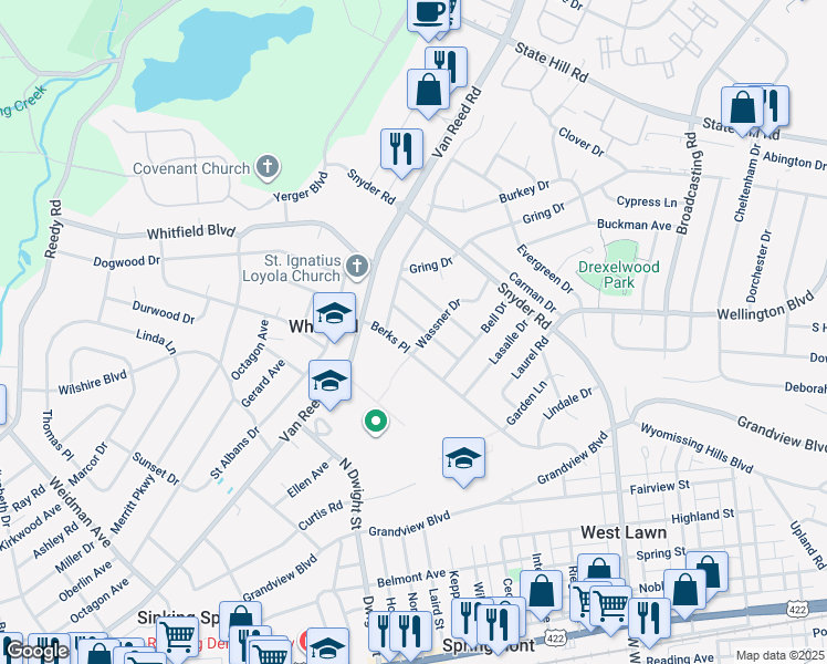 map of restaurants, bars, coffee shops, grocery stores, and more near 707 Berks Place in Reading
