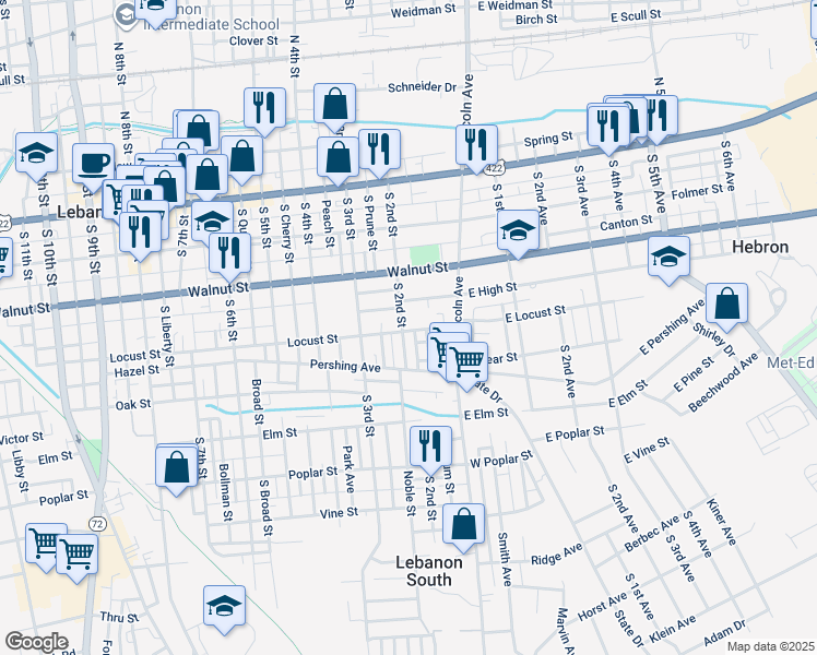 map of restaurants, bars, coffee shops, grocery stores, and more near 262 South 2nd Street in Lebanon
