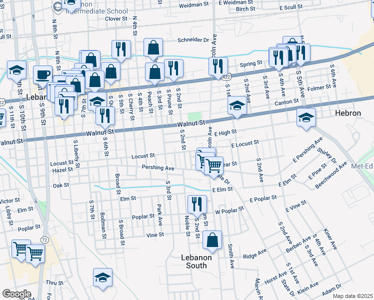map of restaurants, bars, coffee shops, grocery stores, and more near 262 South 2nd Street in Lebanon
