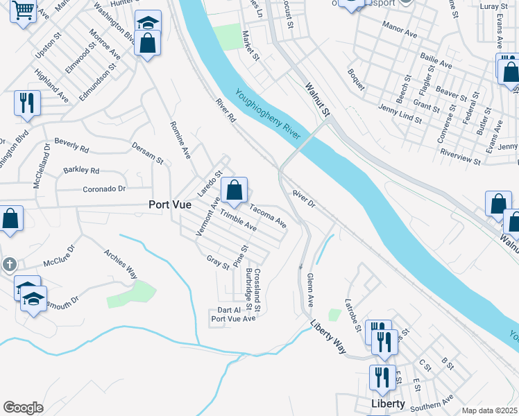 map of restaurants, bars, coffee shops, grocery stores, and more near 1821 Tacoma Avenue in McKeesport