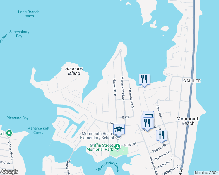 map of restaurants, bars, coffee shops, grocery stores, and more near 33 Columbus Drive in Monmouth Beach