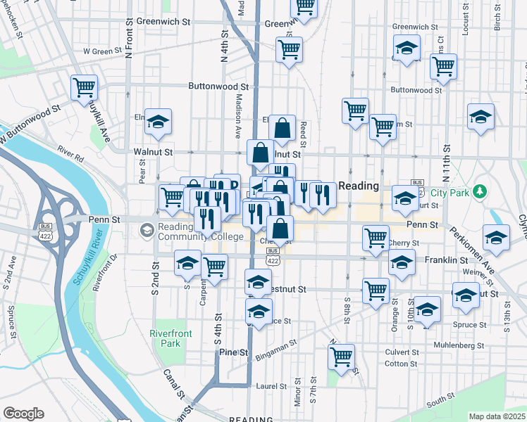 map of restaurants, bars, coffee shops, grocery stores, and more near 529 Court Street in Reading