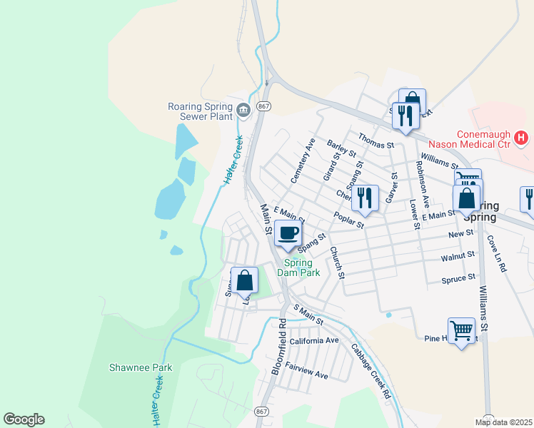 map of restaurants, bars, coffee shops, grocery stores, and more near East Main Street in Roaring Spring