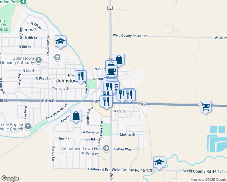 map of restaurants, bars, coffee shops, grocery stores, and more near 17 North Parish Avenue in Johnstown