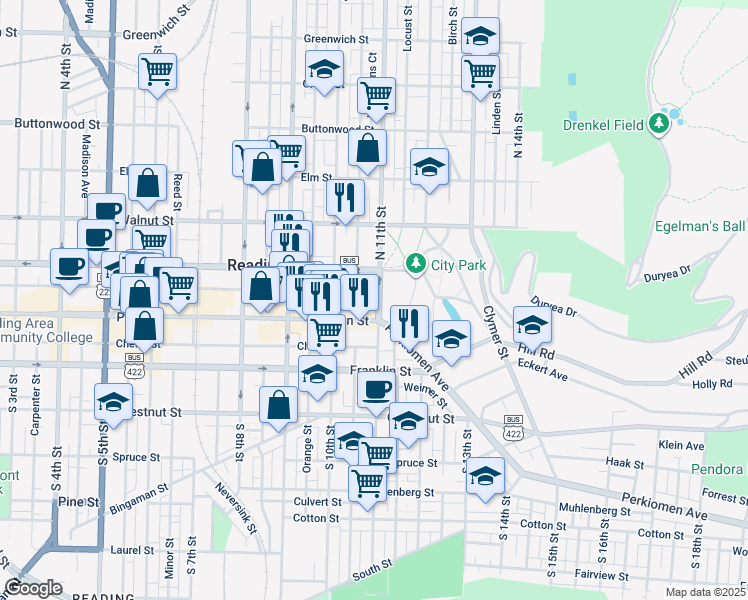 map of restaurants, bars, coffee shops, grocery stores, and more near 44 North 11th Street in Reading