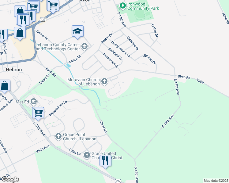 map of restaurants, bars, coffee shops, grocery stores, and more near 1125 Birch Road in Lebanon